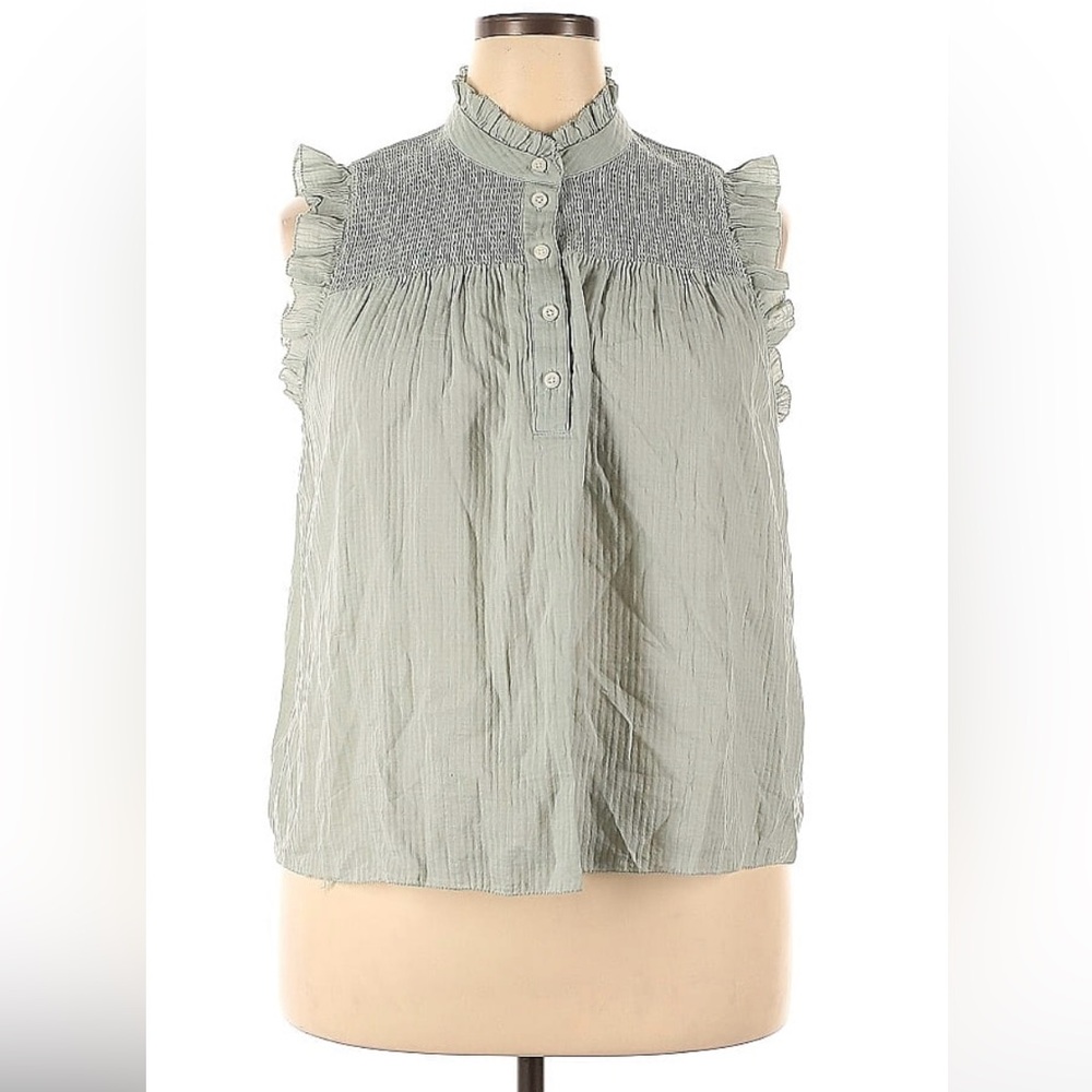 Sage Green Smocked Ruffle Sleeveless Blouse Button‎ Front Cottagecore Top
